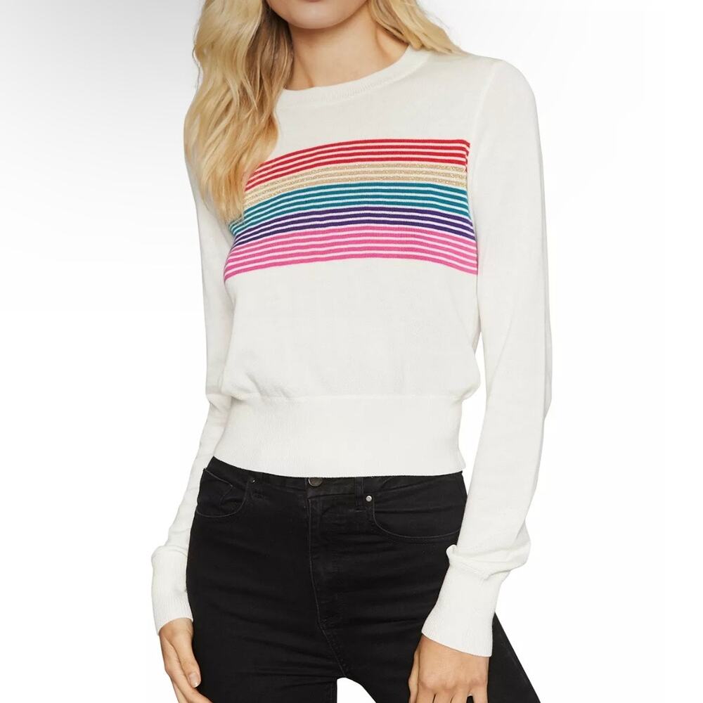 Spiritual Gangster Size S Women's Nikki Rainbow-Striped Sweater Ivory Cropped